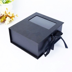 Customed Special Cardboard Packaging Box Black Gift Box with PVC Window and Ribbon